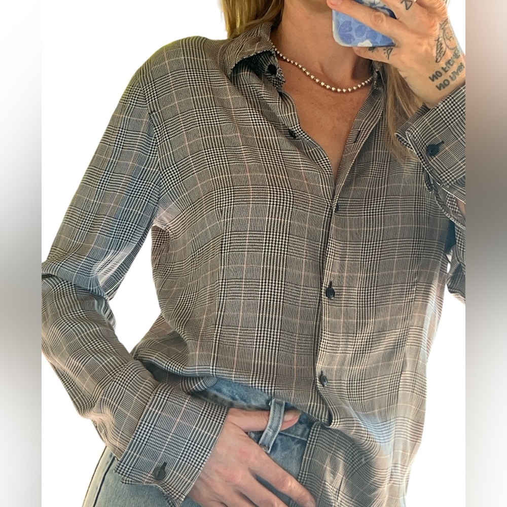 Casual Corner Plaid Button-Up Silk Blouse in Brown and Black